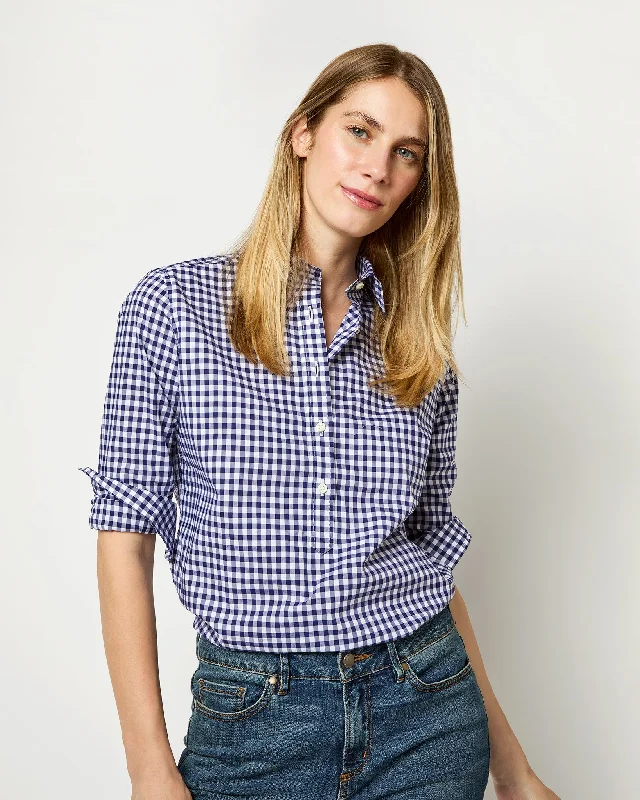 Women's Blouse with Peter Pan CollarTomboy Popover Shirt in Navy Gingham Poplin