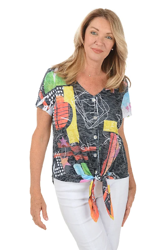 Women's Blouse with Square NeckPetite Neon Scribbles Burnout Button-Front Tee