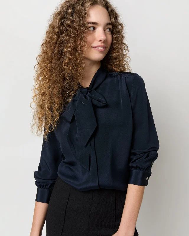 Women's Blouse with Square CollarTie-Neck Blouse in Navy Silk Crepe de Chine