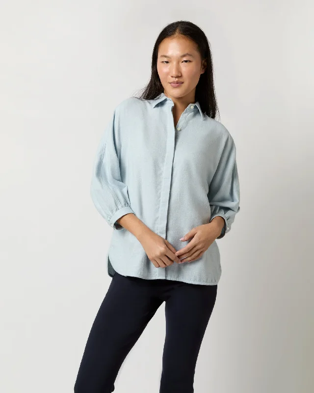 Women's Button-Up BlouseVolume Kimono Shirt in Sky Brushed Herringbone