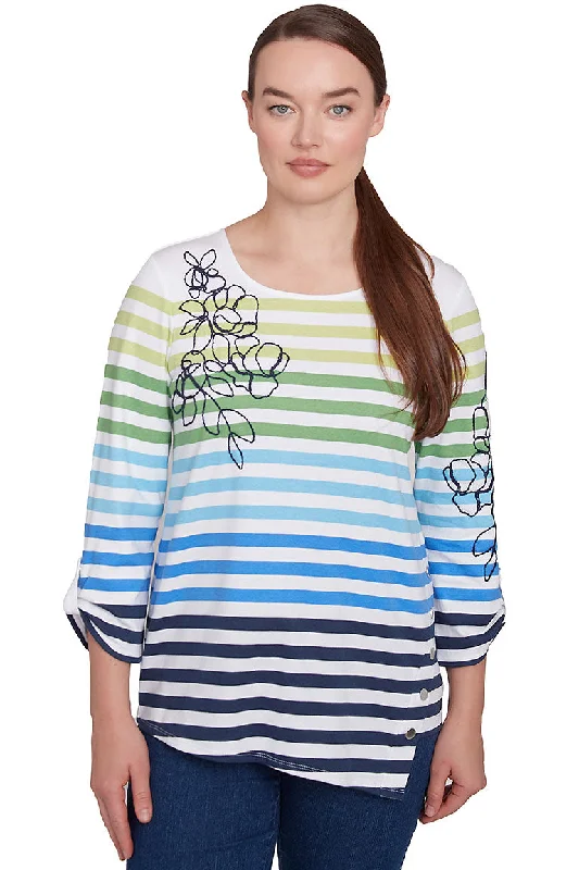 Women's Blouse with Boat CollarPetite Resort Ready Ombre Striped Asymmetrical Top