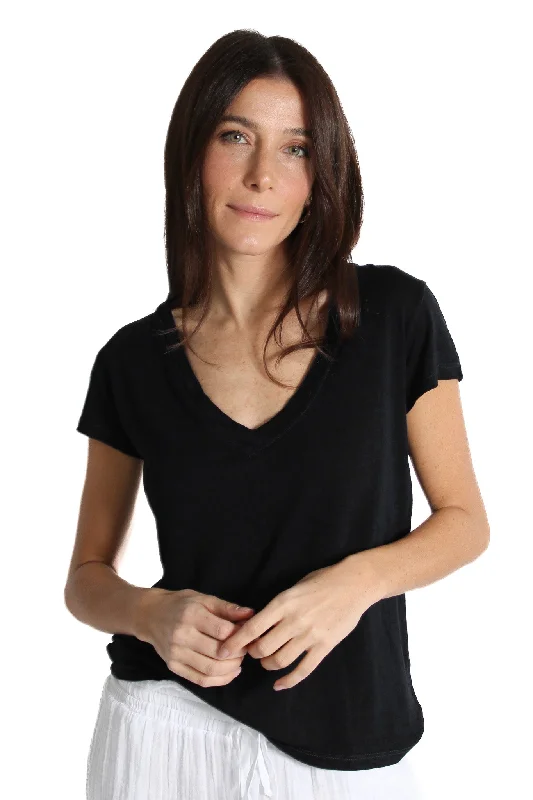 Women's Blouse with Rounded CollarBlack Linen Jersey V-Neck