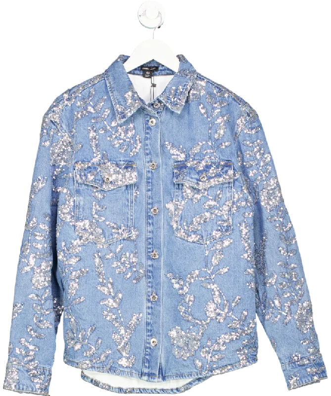 Women's Crop SweatersKaren Millen Blue Denim All Over Floral Sequin Jacket UK 10