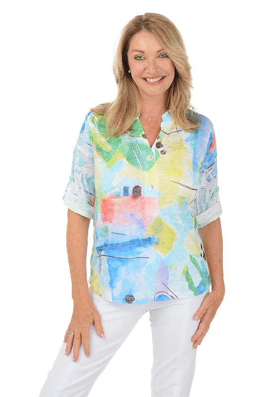 Women's Blouse with V-Shaped HemPetite Abstract Waterfront High-Low Knit Top