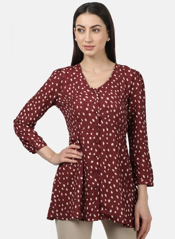 Women's Round-Neck BlouseWomens Maroon Printed Tops