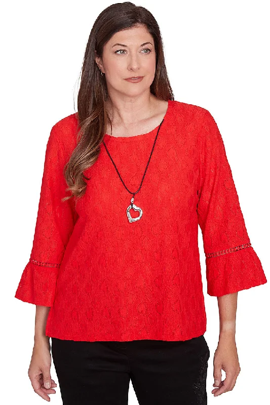 Women's Blouse with Peter Pan CollarPetite Wild At Heart Pointelle Necklace Top