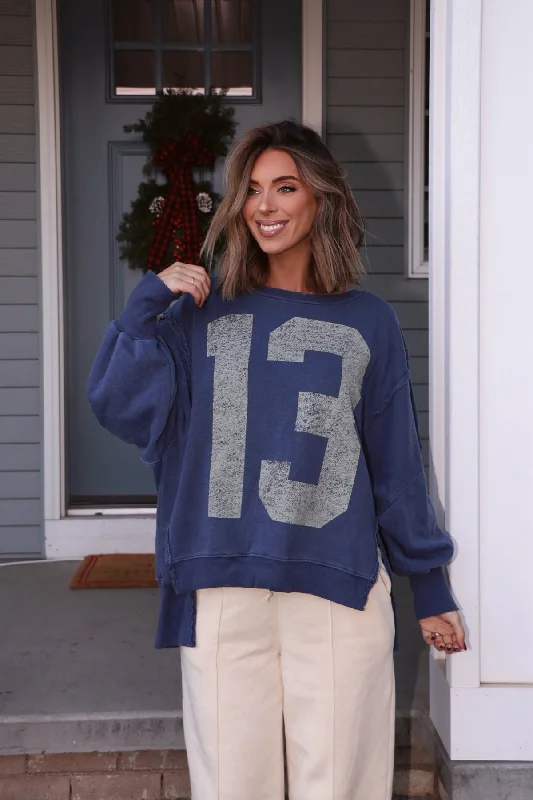 Women's Blouse with Collarless NeckFree People Navy 13 Graphic Camden Pullover