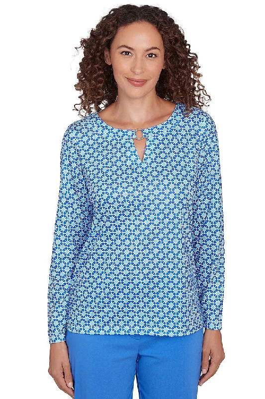 Women's Blouse with Wide CollarPetite It Had To Be Blue Ring Neck Top