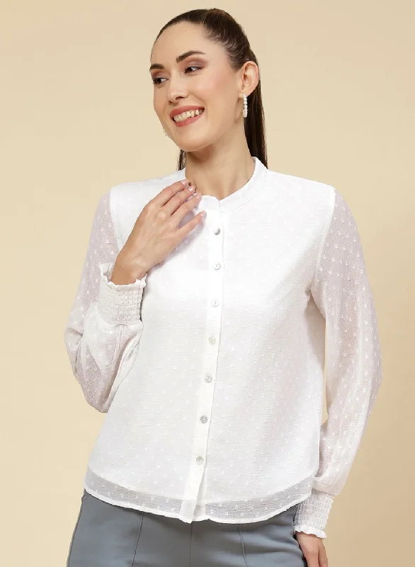 Women's Blouse with RufflesWomen White Self Design Top