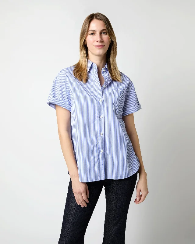 Women's V-Neck BlouseAgnes Shirt in Blue Bengal Stripe Poplin