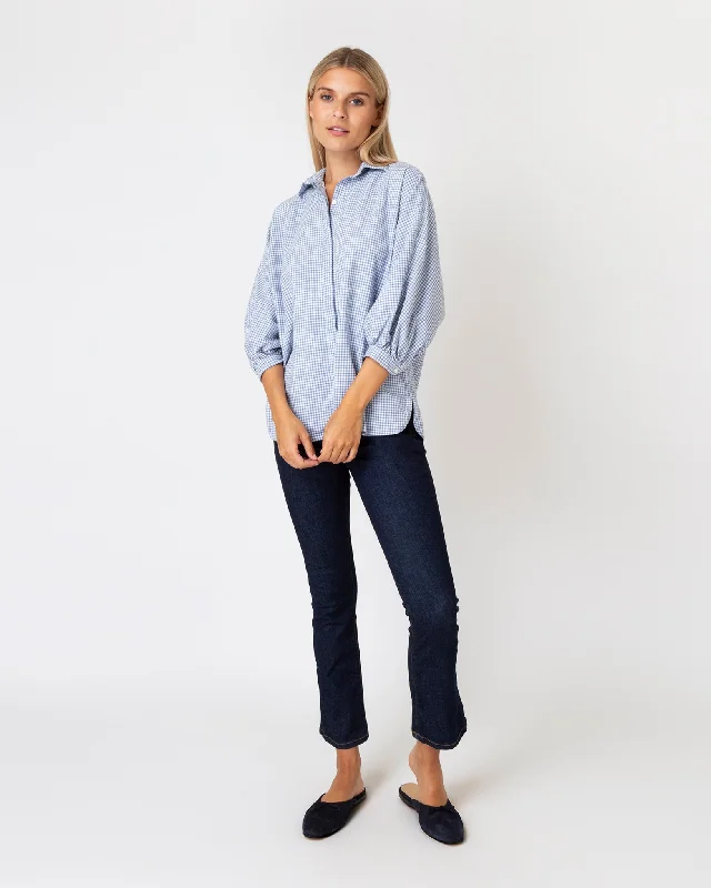 Women's Blouse with Sweetheart CollarVolume Kimono Shirt in Powder Blue Gingham Brushed Flannel