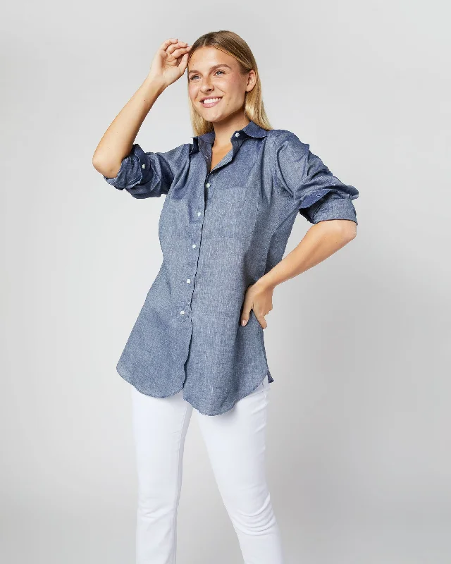 Women's Blouse with Collarless DesignBoyfriend Shirt in Indigo Cotolino Chambray