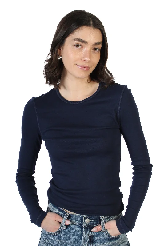 Women's Blouse with Boat CollarNavy Classic Long Sleeve