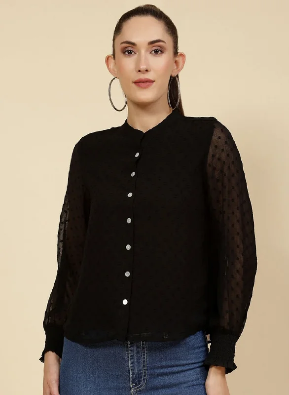 Women's Blouse with Mandarin CollarWomen Black Self Design Top