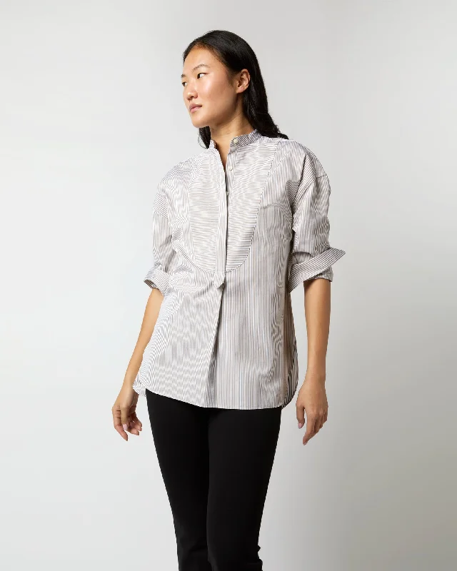 Women's Blouse with HoodChristiane Bib-Front Tunic in Taupe/White Bengal Stripe Poplin