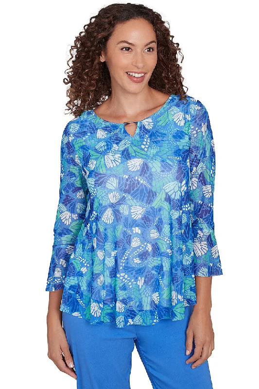 Women's Blouse with Collarless DesignPetite It Had To Be Blue Mesh Top