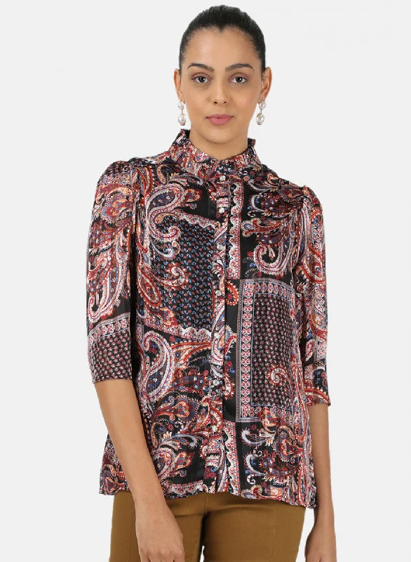 Women's Blouse with CollarWomens Black Printed Top