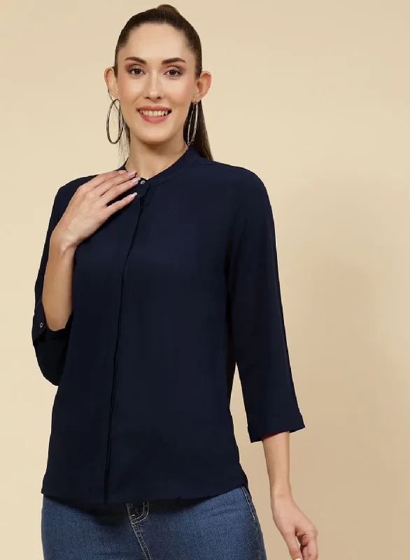 Women's Blouse with EmbroideryWomen NAvy Blue Solid Top