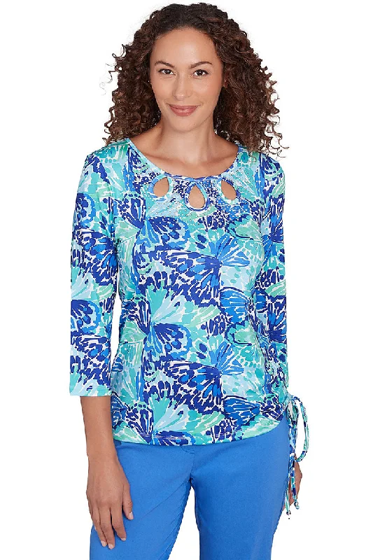 Women's Blouse with Lapel CollarPetite It Had To Be Blue Triple Keyhole Top