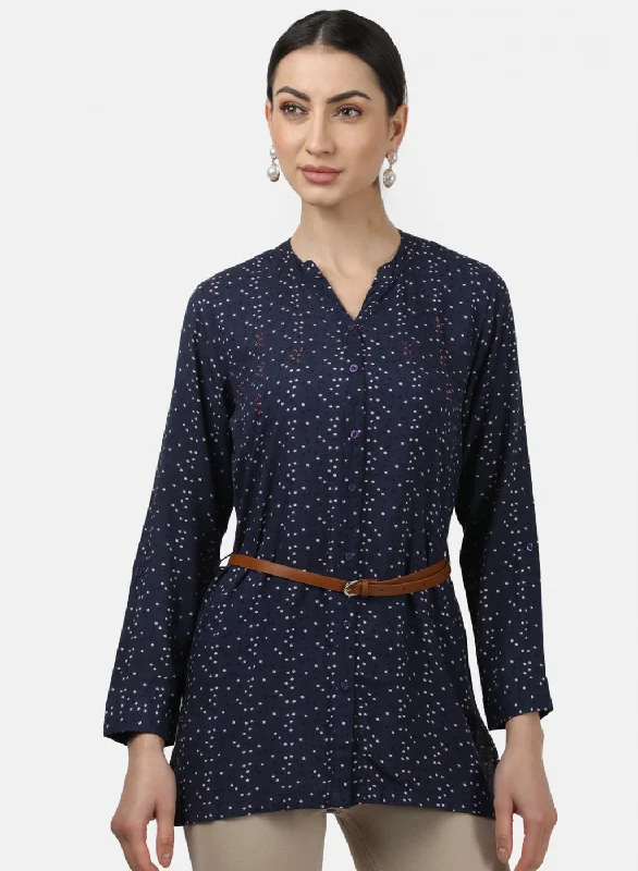 Women's Blouse with Fur TrimWomens Navy Blue Printed Top