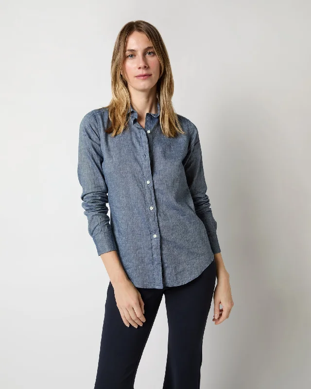 Women's Blouse with U-Shaped CollarIcon Shirt in Indigo Cotolino Chambray