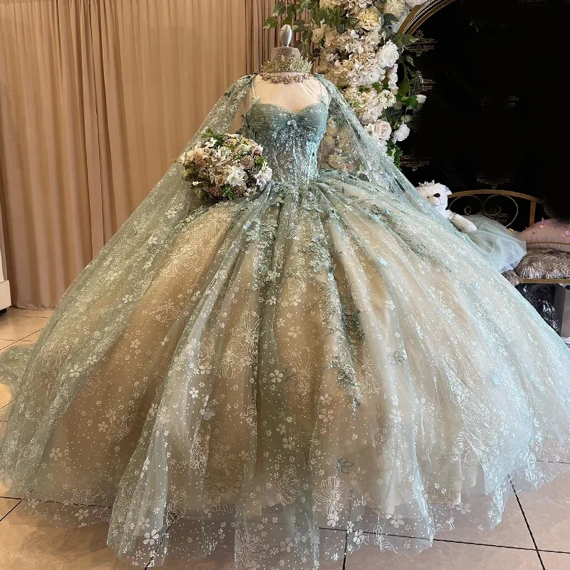 Women's Square Collar DressesQuinceanera Dresses With Cape Ball Gown Sweetheart Lace Beading Tulle Lace-Up Backless Party Princess Sweet 16 Dress