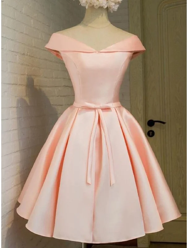 Women's Low Collar DressesA-Line Homecoming Dresses Elegant Dress Holiday Graduation Short / Mini Sleeveless Off Shoulder Pink Dress Satin with Strappy