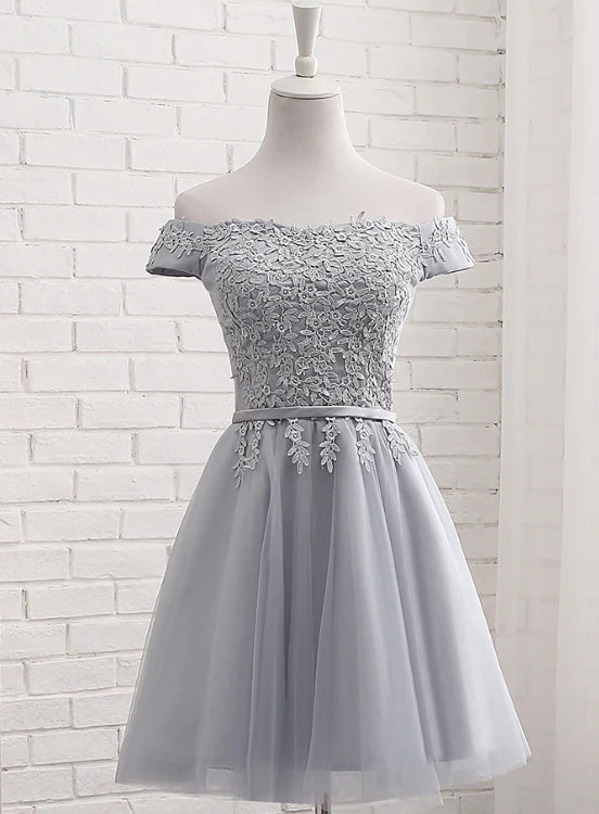 Women's Wrap DressesLovely Grey Short Tulle Party Dress with Lace Applique, Bridesmaid Dresses Cute Formal Dress