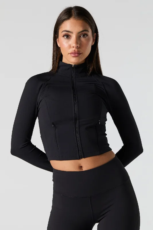 Women's Blouse with PatchesActive Mock Zip-Up Long Sleeve Top