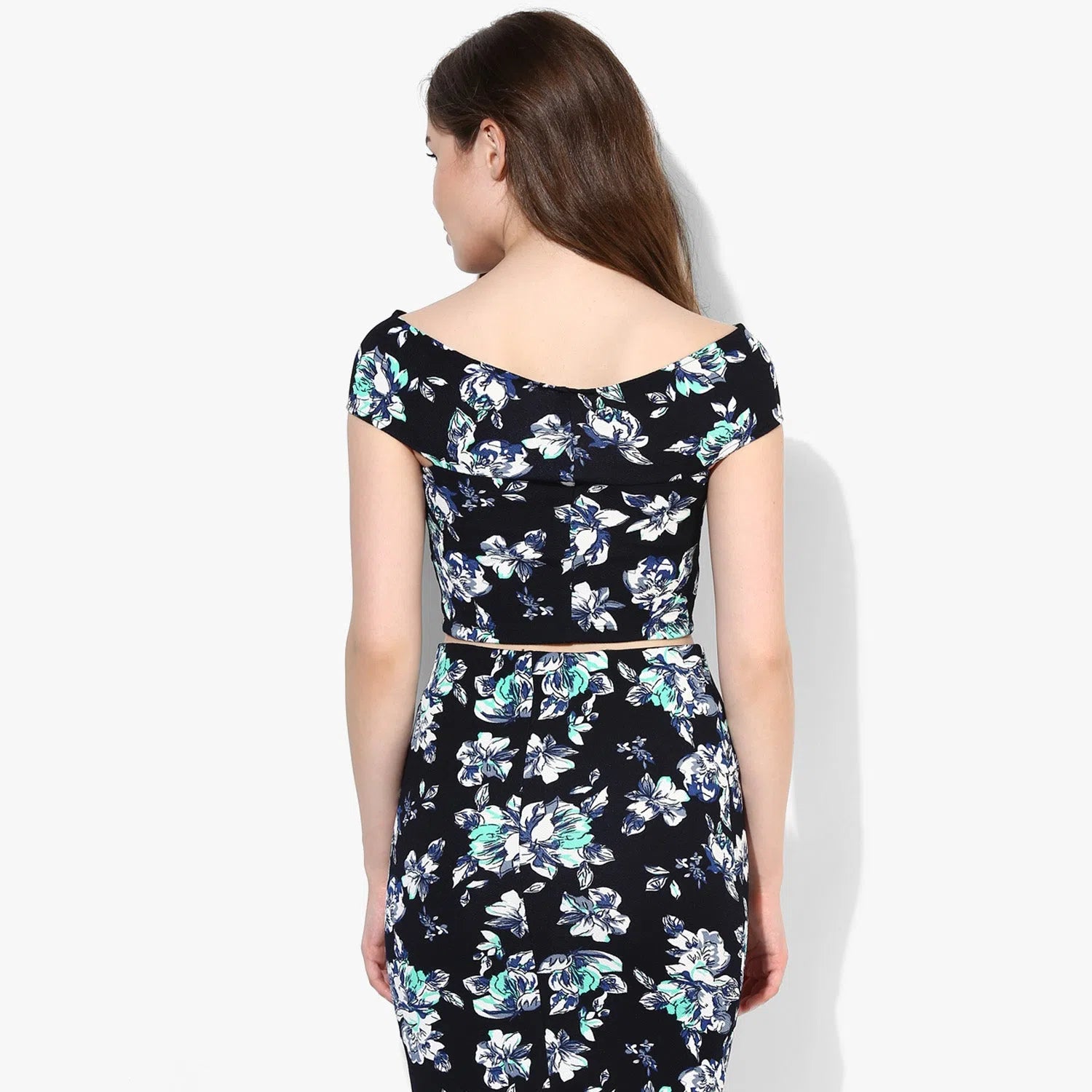 Women's Rounded Collar DressesTurquoise Floral Print Bodycon Bandage Bardot Co-Ordinate Dress