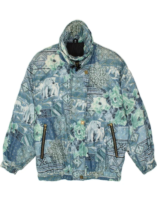 Women's Coats with Fur Trimmed ZipperVINTAGE Womens Windbreaker Jacket UK 16 Large Blue Animal Print