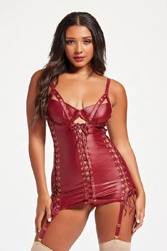 sheer lace braTwo Piece Vegan Leather Chemise and Panty