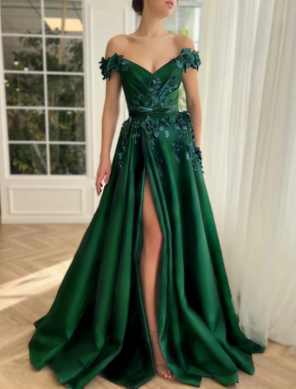 Women's Boat-Neck DressesBall Gown Prom Dresses Luxurious Dress Christmas Red Green Dress Wedding Party Floor Length Short Sleeve Off Shoulder Satin with Slit Appliques