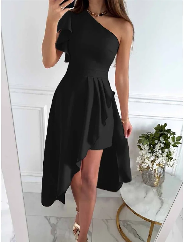 Women's Shift DressesWomen‘s Little Black Dress Sexy Dress Party Dress Homecoming Dress Mini Dress Pink Wine Short Sleeve Ruffle Spring Fall One Shoulder Fashion Wedding Guest Vacation