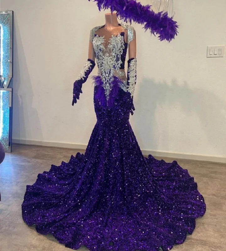 Women's U-Shaped-Neck DressesEnigmatic Purple Velvet Sequin Mermaid Long Prom Dress Silver Tassels Crystal Christmas Dress Black Girls Wedding Party Gown