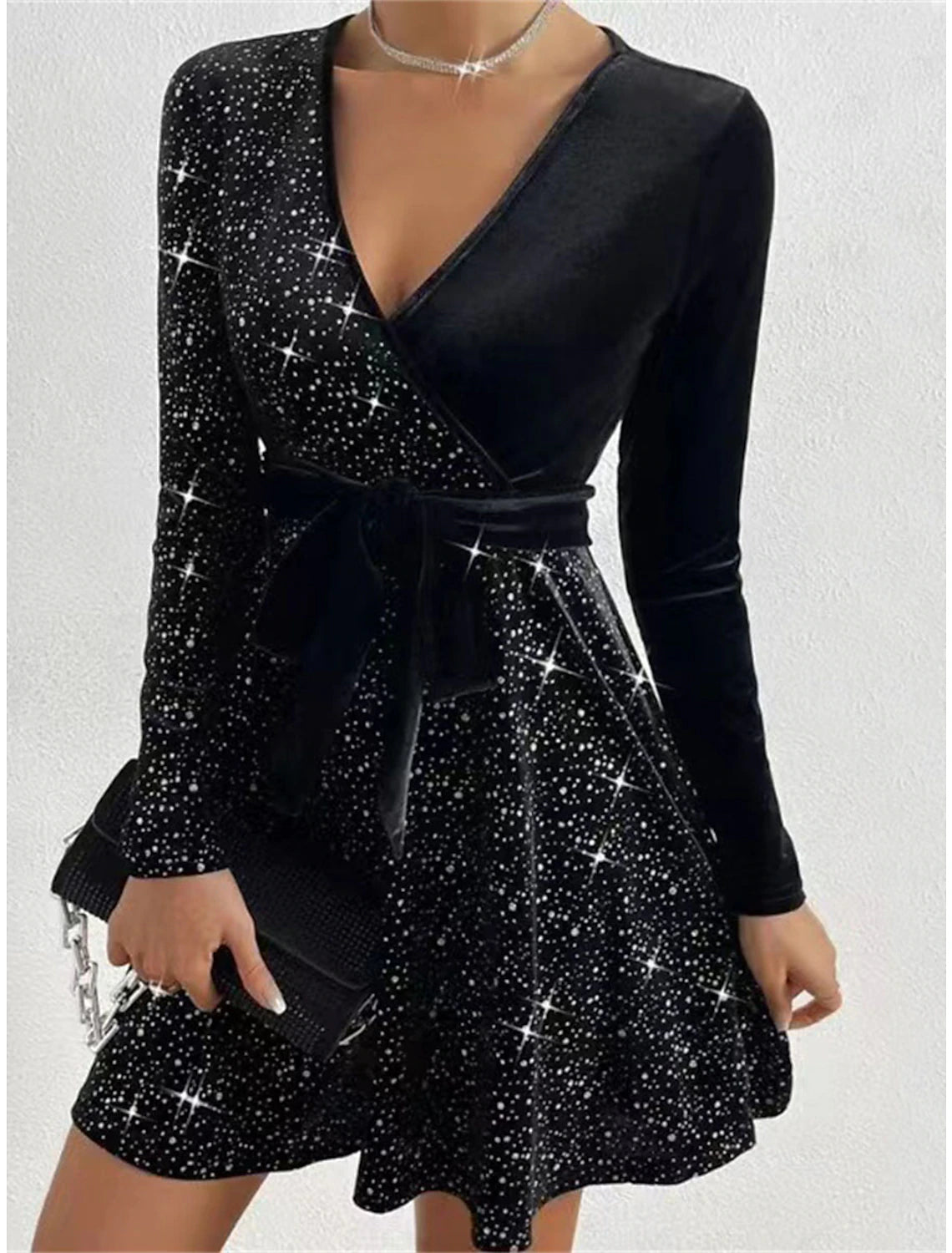 Women's Short-Sleeve DressesWomen‘s Party Dress Sequin Dress Black Dress Velvet Dress Homecoming Dress Mini Dress Long Sleeve Pure Color Beads Fall Winter Autumn V Neck Fashion Winter Dress Wedding Guest Birthday Slim