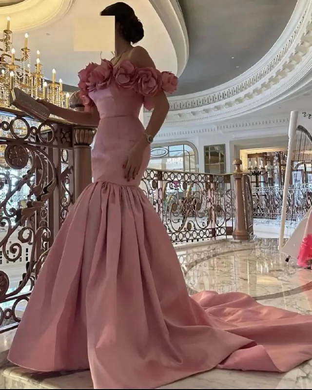 Women's U-Shaped Collar DressesBeautiful Rose Pink Bloom Mermaid Long Maxi Gowns To Event Party Lace Up Black 3D Flower Strapless Formal Party Dresses