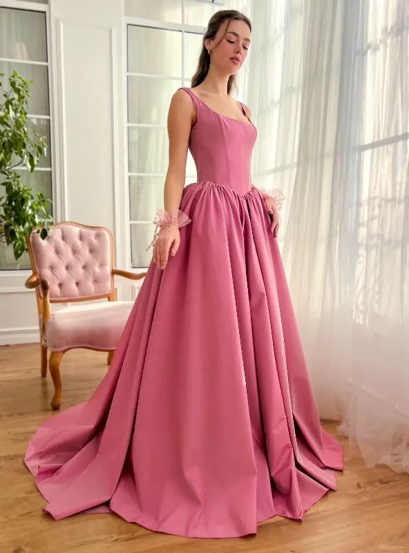 Women's Rounded Collar DressesElegant Square Collar Evening Dresses Taffeta Spaghetti Straps Basque Waist A-line Formal Party Gown Pleat Backless Dating Dress