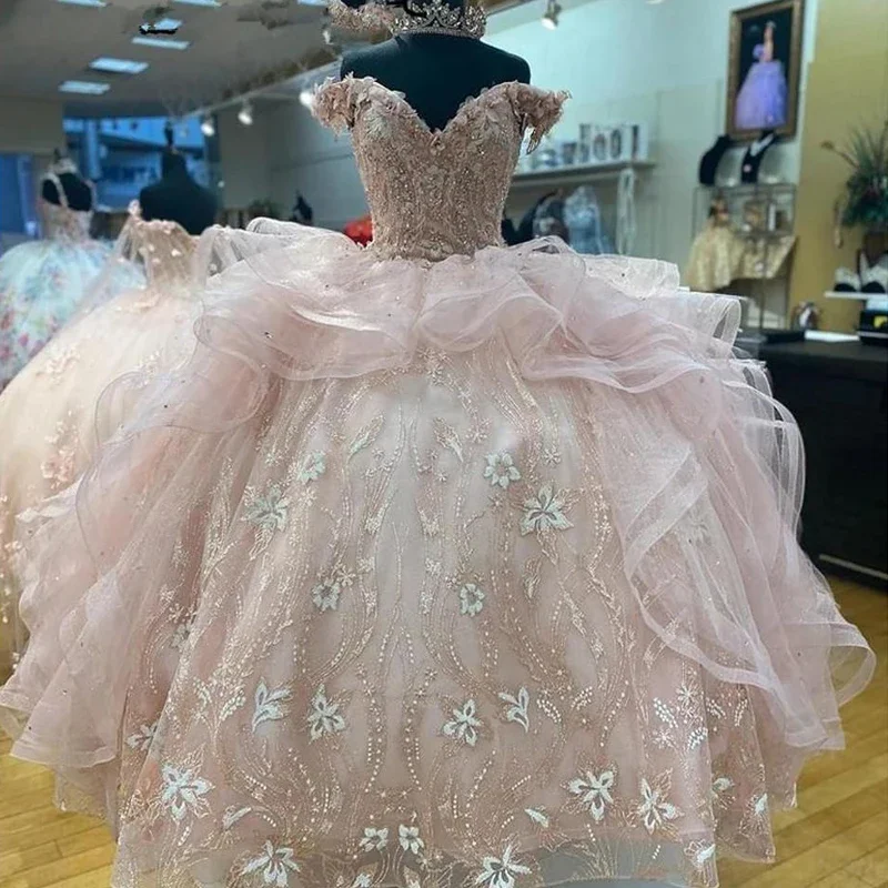 Women's Shawl Collar DressesLight Pink Princess Quinceanera Dress Off Shoulder Appliques Sequins Flowers Party Sweet 16 Gown