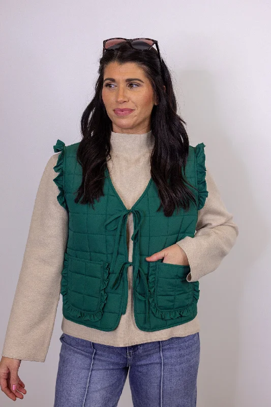 Women's Blouse with Wide CollarRuffled Up Green Puffer Vest