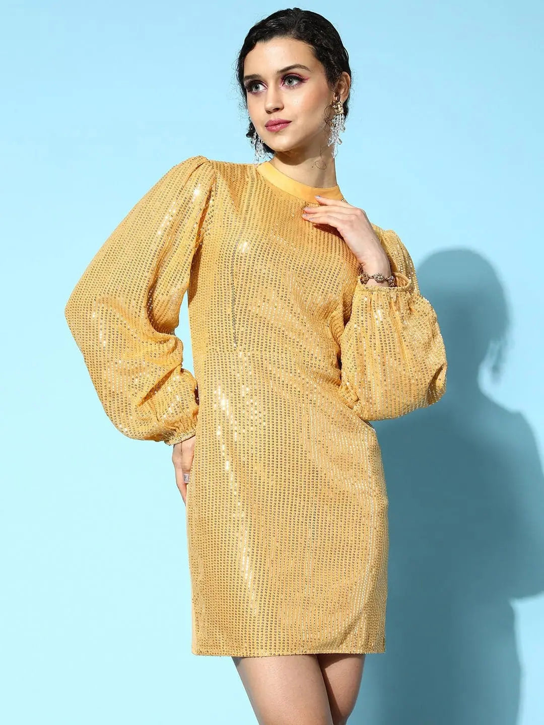 Women's Cap-Sleeve DressesWomen Gold Sequin Puff Sleeves Bodycon Dress