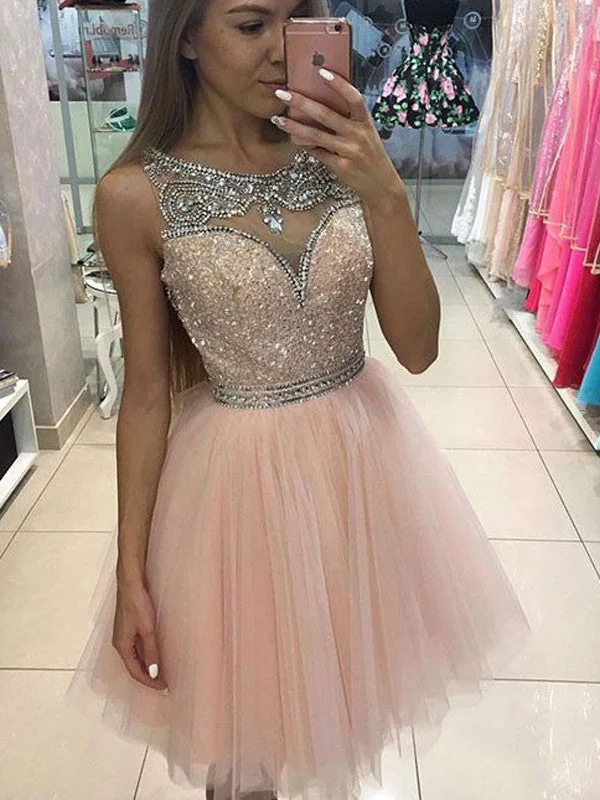 Women's Low-Neck DressesA-Line/Princess Sleeveless Scoop Beading Short/Mini Tulle Dresses