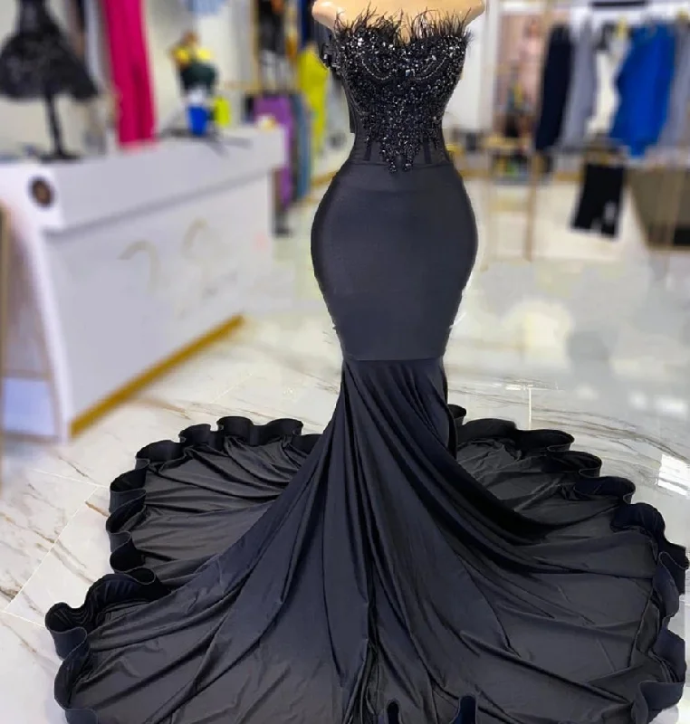 Women's Shawl Collar DressesElegant Strapless Long Prom Dress For Black Girls Beaded Crystal Birthday Party Dresses Feathers Evening Gowns Mermaid Lace