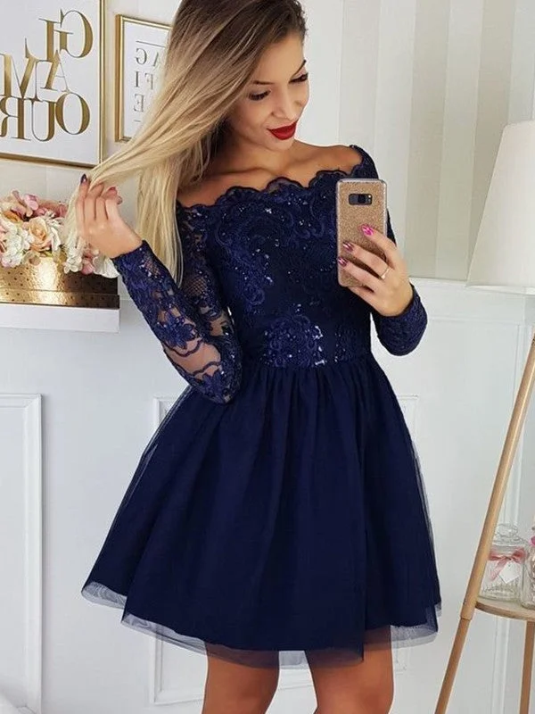 Women's Lapel Collar DressesA-Line/Princess Tulle Applique Off-the-Shoulder Long Sleeves Short/Mini Homecoming Dress