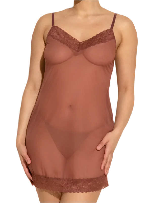 stretchable satin panties with a sheer lace waistbandForever Chemise, Ticino Chocolate