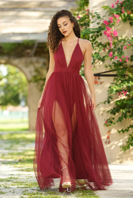 Women's Pleated DressesEvening Dress V Neck Tulle Maxi Dress Ruched Bodice Adjustable Criss-Cross Spaghetti Straps Double Slit Skirt Formal Wear Dresses