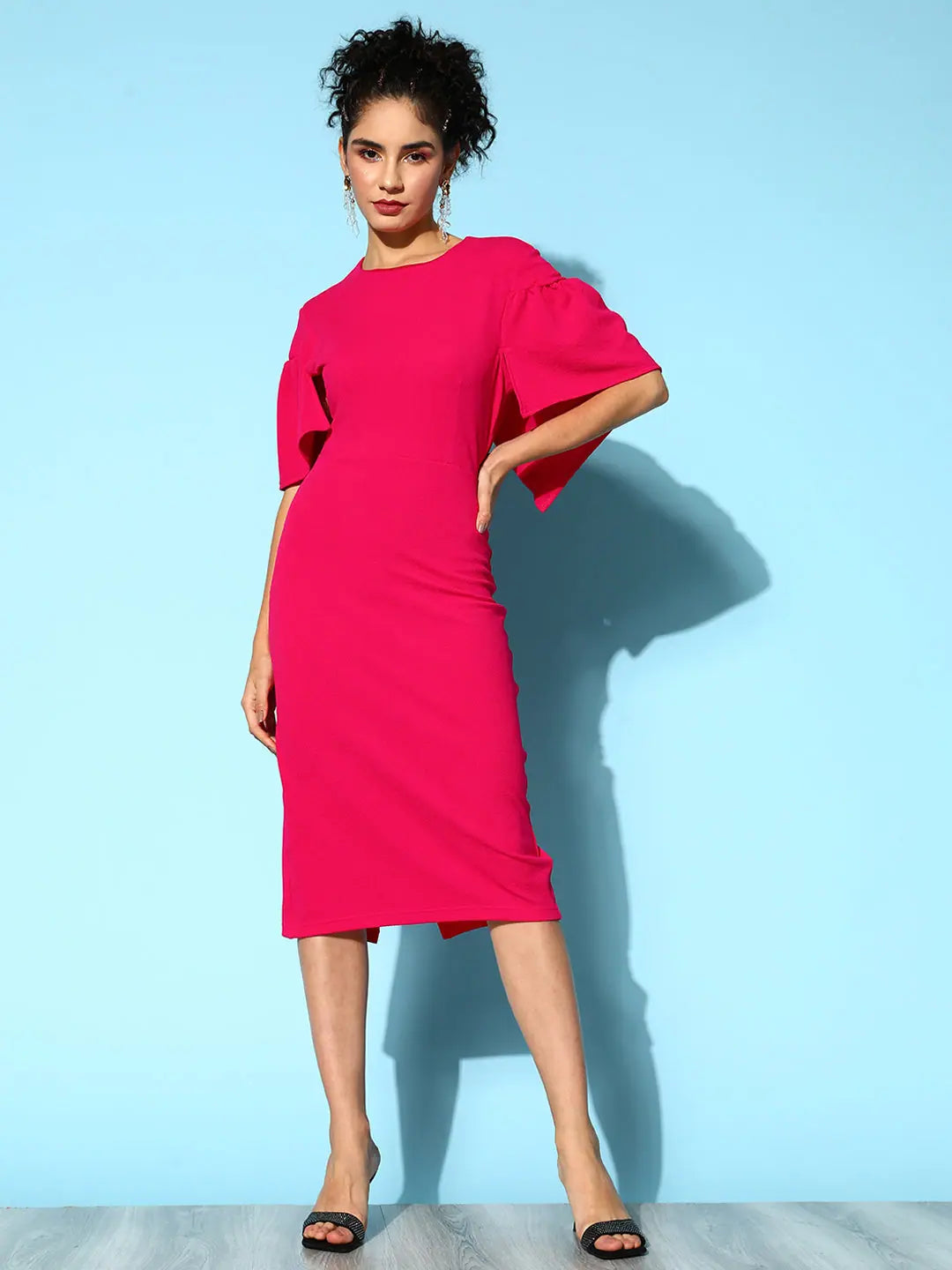 Women's V-Neck DressesWomen Fuchsia Frill Cape Bodycon Dress