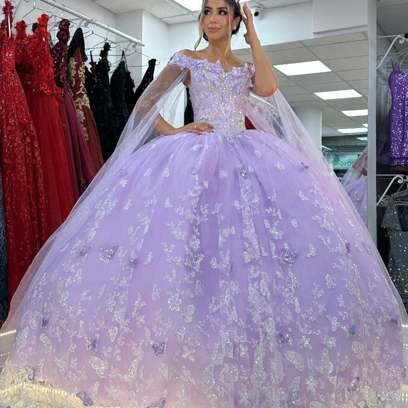 Women's Keyhole-Neck DressesLavender Shiny Off Shoulder Quinceanera Dresses Lace Bow Beads Tull With Cape Corset Prom Party Gown 16 Vestidos De XV Anos