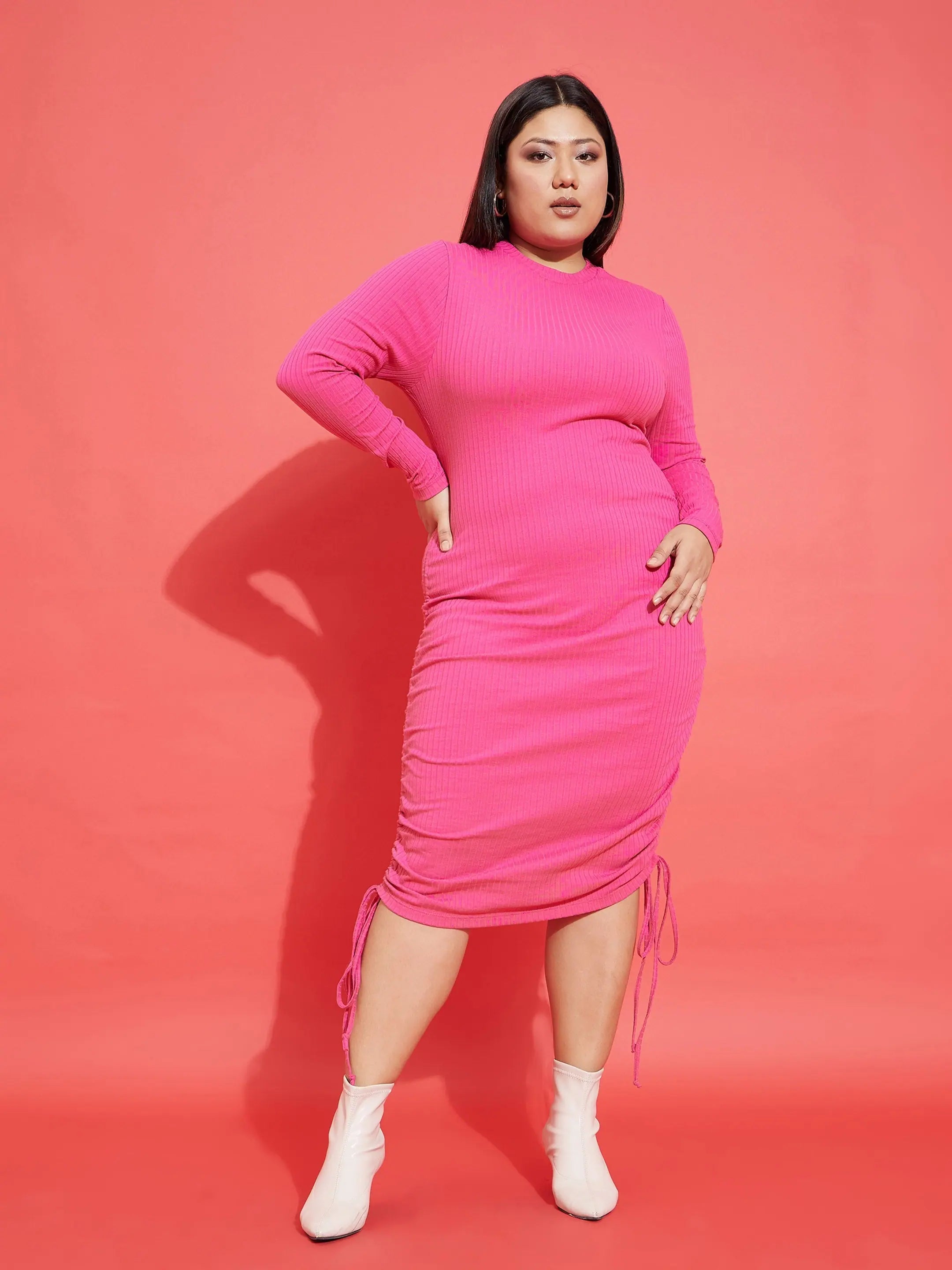 Women's Cap-Sleeve DressesWomen Pink Rib Side Ruching Bodycon Dress