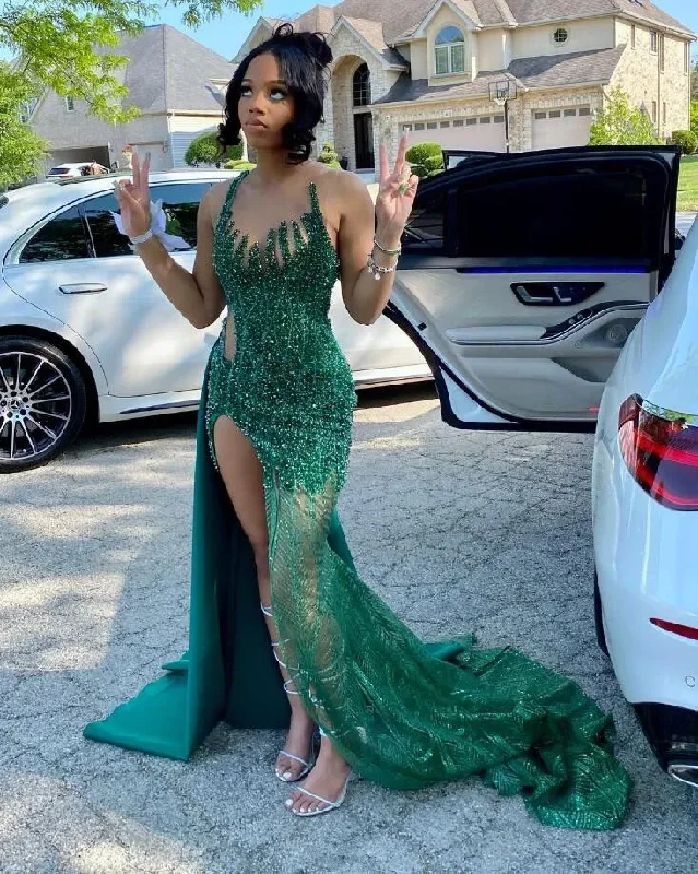 Women's Turtleneck DressesEmerald Green Mermaid Black Girl Prom Dress Sparkly Diamond Crystal Slit Birthday Party Gown vestidosa de boda invitada